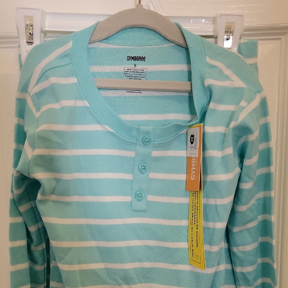 Gymboree Teal and White Striped Long Sleeve PJS SIZE 8 100% Cotton